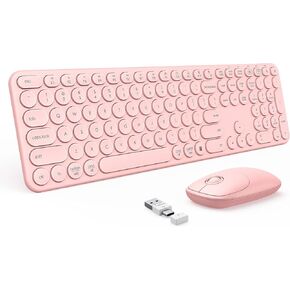 PEIOUS Wireless Keyboard and Mouse Combo, Cute Pink Keyboard & Mouse with USB and Type C Receiver, Full Size Wireless Mouse and Keyboard, Compatible for MacBook, Windows, Laptop, PC - Pink