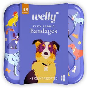 Welly Bandages | Adhesive Flexible Fabric Bravery Badges | Assorted Shapes for Minor Cuts, Scrapes, and Wounds | Colorful and Fun First Aid Tin | Dogs Patterns - 48 Count