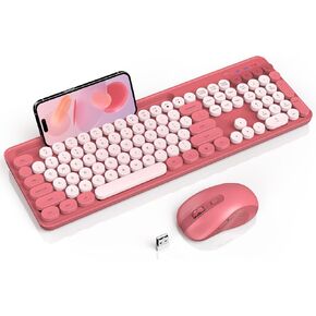 Wireless Keyboard and Mouse Combo, Retro Round Keycap Typewriter Keyboard with Phone/Tablet Holder, Cute Colorful Keyboard for Computer/Laptop/Windows/Mac by SABLUTE, Pink