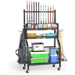 Fishing Rod Holders for Garage - Fishing Rod Racks for 12 Rods, Heavy Duty Steel Fishing Pole Holders with Casters, Fishing Gear Organizers for Garage Home Indoors Outdoors Gift for Men Dad