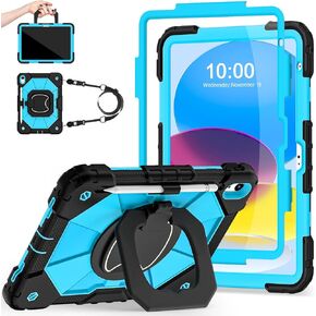 Case for iPad 10th Generation 10.9 Inch with Screen Protector/360° Rotating Stand/Shoulder Strap/Pencil Holder,Military Grade Shockproof iPad Case 10th Generation 2022 (A2696/A2757/A2777)