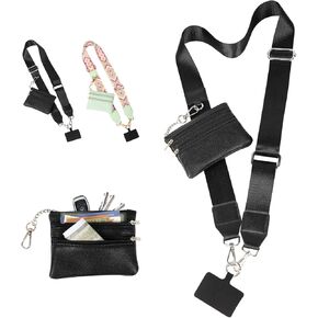 Phone Strap with Zippered Pouch, Clip and Go Strap for Phone with Wallet Crossbody, Clip and Go Strap with Pouch, Cross Body Phone String with Zipper Wallet Pouch (Black)