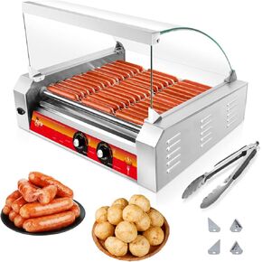 1670W Hot Dog Rollers,30 Hot Dog Capacity 11 Non-stick Stainless Steel Rollers,Hot Dog Roller for Grill with Detachable Glass Cover,Hot Dog Roller Machine