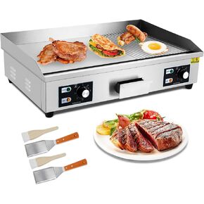 29" Commercial Electric Griddle, 3000W Half Grooved Teppanyaki Grill, Stainless Steel Electric Countertop Griddle With Drip Hole, 122°F-572°F Electric Griddle for Kitchen Restaurant