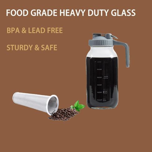 Cold Brew Coffee Maker Pitcher, 64 oz Wide Mouth Mason Jar Pitcher with Stainless Steel Filter, Heavy Duty Glass Airtight & Leak-Proof Pitcher for Iced Coffee, Ice Lemonade, Fruit Drinks, Sun Tea in Saudi Arabia
