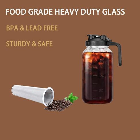 Cold Brew Coffee Maker Pitcher, 64 oz Wide Mouth Mason Jar Pitcher with Stainless Steel Filter, Heavy Duty Glass Airtight & Leak-Proof Pitcher for Iced Coffee, Ice Lemonade, Fruit Drinks, Sun Tea in Saudi Arabia