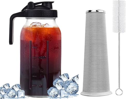 Cold Brew Coffee Maker Pitcher, 64 oz Wide Mouth Mason Jar Pitcher with Stainless Steel Filter, Heavy Duty Glass Airtight & Leak-Proof Pitcher for Iced Coffee, Ice Lemonade, Fruit Drinks, Sun Tea in Saudi Arabia
