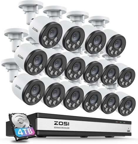 ZOSI 4K PoE Security Camera System with Audio,Smart Human Detection,100ft Night Vision,16 Channel NVR with 4TB HDD,16pcs 4MP Weatherproof PoE IP Cameras Outdoor Indoor for Home 24/7 Recording in Saudi Arabia