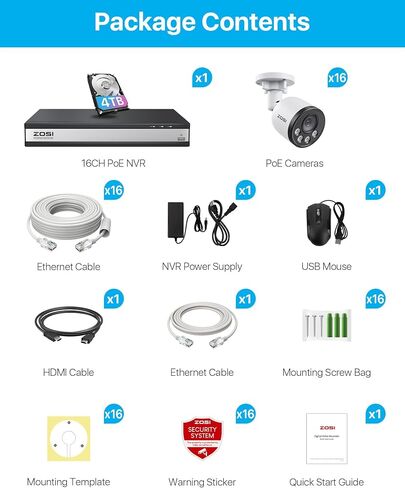 ZOSI 4K PoE Security Camera System with Audio,Smart Human Detection,100ft Night Vision,16 Channel NVR with 4TB HDD,16pcs 4MP Weatherproof PoE IP Cameras Outdoor Indoor for Home 24/7 Recording in Saudi Arabia