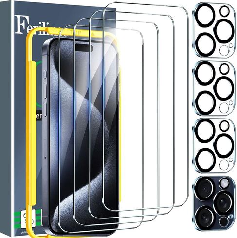 واقي شاشة Ferilinso مكون من 4 قطع لهاتف iPhone 15 Pro Max، مع 4 قطع من واقي عدسة الكاميرا من الزجاج المقسى، وحافظة الهاتف فائقة الإكسسوارات الواقية من Pantalla لهاتف Apple iPhone 15 Pro Max in Saudi Arabia