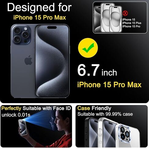 واقي شاشة Ferilinso مكون من 4 قطع لهاتف iPhone 15 Pro Max، مع 4 قطع من واقي عدسة الكاميرا من الزجاج المقسى، وحافظة الهاتف فائقة الإكسسوارات الواقية من Pantalla لهاتف Apple iPhone 15 Pro Max in Saudi Arabia