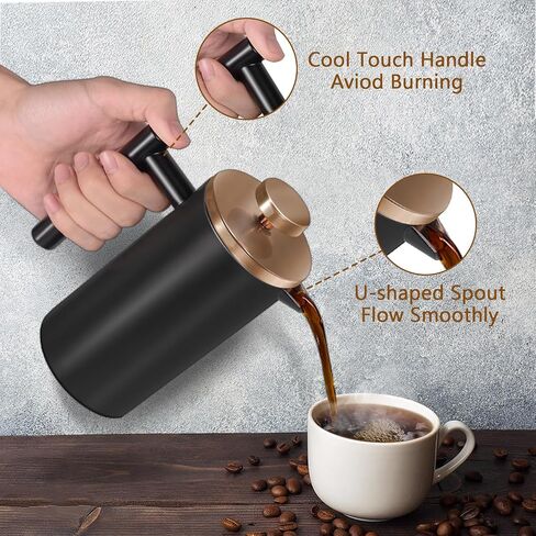 Black Stainless Steel French Press Coffee Maker, Double Wall Insulated French Press,for Coffee&Tea,with 3 Extra Screens and a Coffee Spoon,12oz/350ml,Gold in Saudi Arabia