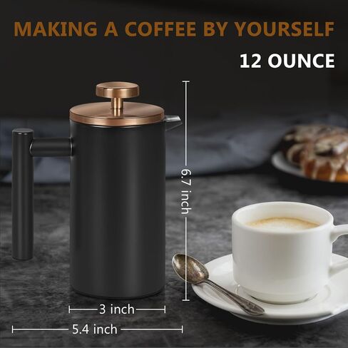 Black Stainless Steel French Press Coffee Maker, Double Wall Insulated French Press,for Coffee&Tea,with 3 Extra Screens and a Coffee Spoon,12oz/350ml,Gold in Saudi Arabia