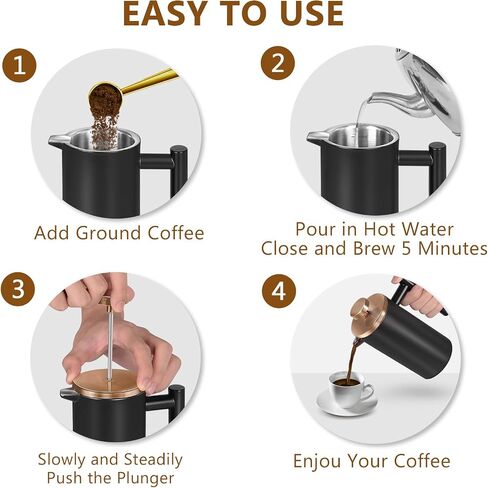 Black Stainless Steel French Press Coffee Maker, Double Wall Insulated French Press,for Coffee&Tea,with 3 Extra Screens and a Coffee Spoon,12oz/350ml,Gold in Saudi Arabia