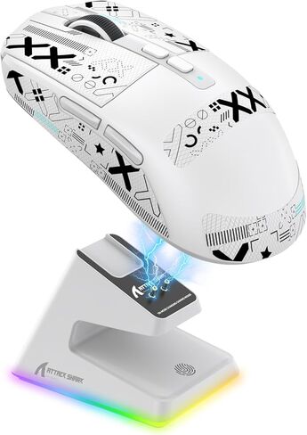 ATTACK SHARK X6 Lightweight Wireless Gaming Mouse with RGB Backlight Charging Base,Tri-Mode Wired/2.4GHz/BT5.2,26K DPI, PAW3395 Optical Sensor,HUANO Switch,5programmable Buttons,PC/Mac(White+Sticker) in Saudi Arabia