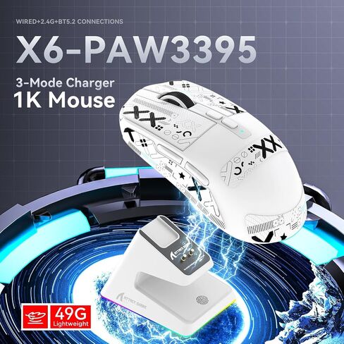ATTACK SHARK X6 Lightweight Wireless Gaming Mouse with RGB Backlight Charging Base,Tri-Mode Wired/2.4GHz/BT5.2,26K DPI, PAW3395 Optical Sensor,HUANO Switch,5programmable Buttons,PC/Mac(White+Sticker) in Saudi Arabia