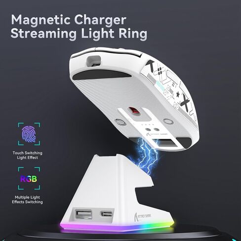 ATTACK SHARK X6 Lightweight Wireless Gaming Mouse with RGB Backlight Charging Base,Tri-Mode Wired/2.4GHz/BT5.2,26K DPI, PAW3395 Optical Sensor,HUANO Switch,5programmable Buttons,PC/Mac(White+Sticker) in Saudi Arabia