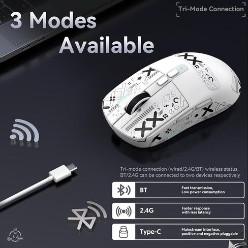 ATTACK SHARK X6 Lightweight Wireless Gaming Mouse with RGB Backlight Charging Base,Tri-Mode Wired/2.4GHz/BT5.2,26K DPI, PAW3395 Optical Sensor,HUANO Switch,5programmable Buttons,PC/Mac(White+Sticker) in Saudi Arabia