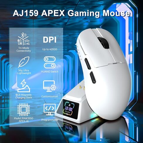 AJAZZ AJ159 APEX Wireless Gaming Mouse with Magnetic Charging Base, 56g Lightweight BT/2.4G/USB-C Wired Mouse, PAW3950APEX 42K DPI Optical Sensor, Programmable Buttons for PC/Mac/Win(White) in Kuwait