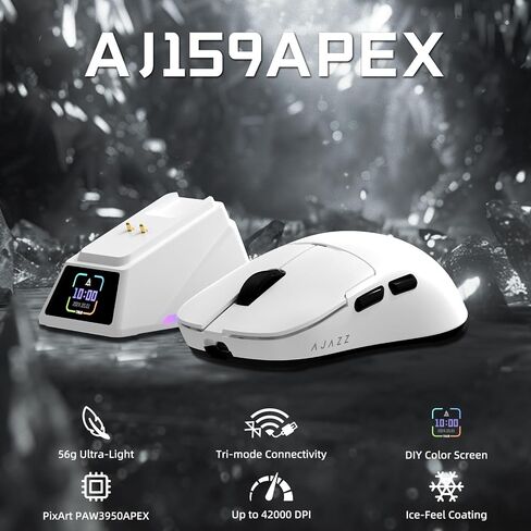 AJAZZ AJ159 APEX Wireless Gaming Mouse with Magnetic Charging Base, 56g Lightweight BT/2.4G/USB-C Wired Mouse, PAW3950APEX 42K DPI Optical Sensor, Programmable Buttons for PC/Mac/Win(White) in Kuwait