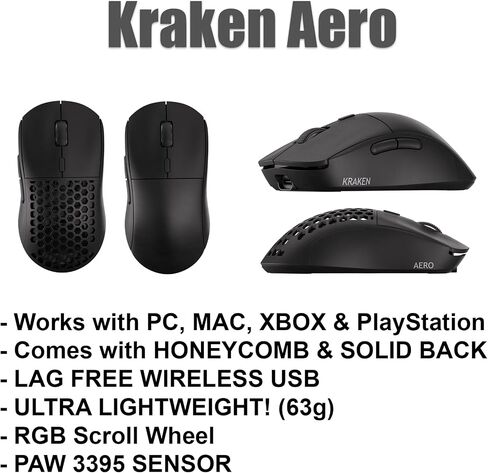Kraken AERO - Superlight Wireless Gaming Mouse, Ultra-Lightweight, LAG-Free Wireless, Dual-Mode (2.4Ghz + Wired) Symmetrical, 26,000 DPI, PAW3395 Compatible with PC/MAC (Black) in Saudi Arabia