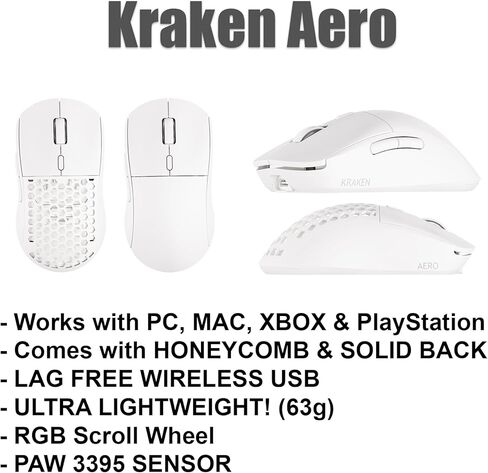 Kraken AERO - ماوس ألعاب لاسلكي Superlight، خفيف الوزن للغاية، لاسلكي خالٍ من التأخر، وضع مزدوج (2.4 جيجا هرتز + سلكي) متماثل، 26,000 نقطة في البوصة، PAW3395 متوافق مع جهاز الكمبيوتر/MAC (أسود) in Kuwait