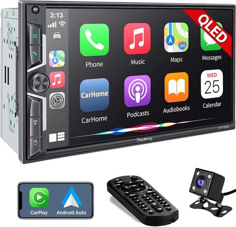 SJoyBring Wireless Double Din Car Stereo with Carplay, Android Auto, QLED Touchscreen, Bluetooth, 4-Channel RCA, 60W*4 High Power, Subwoofer, 7" Car Radio Receiver, Backup Camera in Kuwait