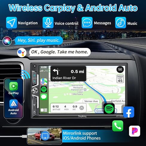 SJoyBring Wireless Double Din Car Stereo with Carplay, Android Auto, QLED Touchscreen, Bluetooth, 4-Channel RCA, 60W*4 High Power, Subwoofer, 7" Car Radio Receiver, Backup Camera in Kuwait