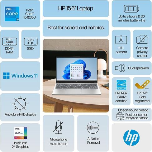 HP 15.6" FHD (1920 x 1080) Laptop • Intel Core i5-1235U (10 Core) Processor • 40GB RAM • 1TB Storage (512GB SSD + withHP P500 512GB Portable SSD) • AI Noise Removal • Fast Wi-Fi 6 • Windows 11 in Saudi Arabia