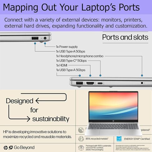 HP 15.6" FHD (1920 x 1080) Laptop • Intel Core i5-1235U (10 Core) Processor • 40GB RAM • 1TB Storage (512GB SSD + withHP P500 512GB Portable SSD) • AI Noise Removal • Fast Wi-Fi 6 • Windows 11 in Saudi Arabia
