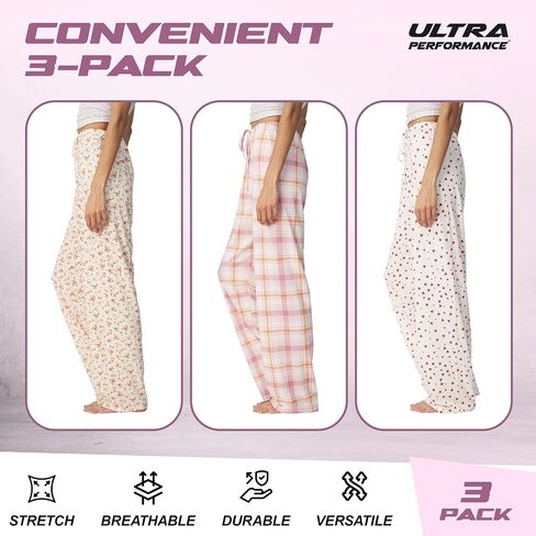 Ultra Performance Womens Pajama PJ Pants 3 Pack Lounge Bottoms Pajamas for Women (Avail in Plus Sizes) in Kuwait