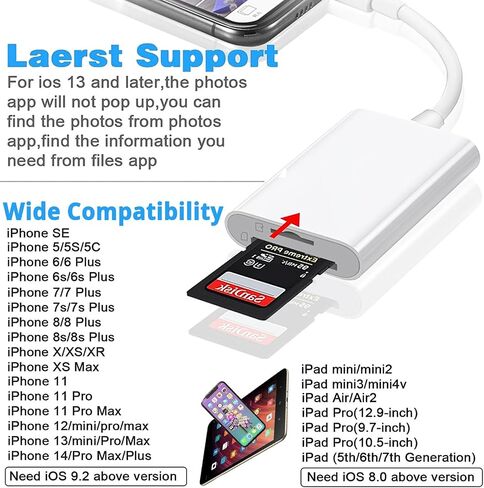 (Apple MFi Certified) Lightning to SD Card Camera Reader for iPhone,Trail Camera Viewer SD Memory Card Reader Adapter Compatible with iPhone 14/13/12/11/XS/XR/X/8/7/iPad,Plug and Play in Kuwait