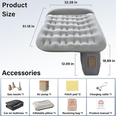 Coverado Car Air Mattress المقعد الخلفي، سرير سيارة لاسلكي محمول قابل للنفخ مع مضخة هواء مدمجة ووسادة، حقيبة تخزين، مجموعة رقعة، وسادة نوم عالمية للمقعد الخلفي للسيارة تناسب معظم سيارات الدفع الرباعي (L-51، W-32) in Kuwait