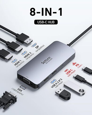 USB C Docking Station Dual HDMI Monitor Adapter, Selore USB C Hub 3 Monitors Adapter with Dual HDMI, Displayport, VGA, 100W PD Charging, 2USB A 2.0,USB C 2.0 Ports Adapter for Dell XPS,HP, Lenovo,etc in Saudi Arabia