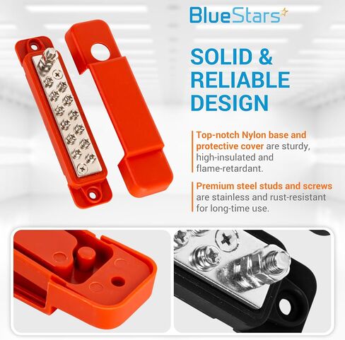 BlueStars 2 Packs 5/16" (M8) Dual Bus Bar Max 48V DC 250A - Power Distribution Block, Insulated Studs Battery Junction Terminal Post for Car RV Boat Solar Cell - Positive & Negative, with 4 Screws in Saudi Arabia