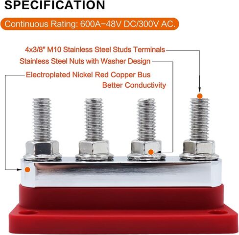 2 pcs 600A High Current Bus Bar with 4 Studs (3/8 inch) M10 Nickel Plated Copper Distribution Block Ideal for Electrical Battery Ground Buss Bar Connections with Cover 300 V AC/12-48 V DC in Kuwait