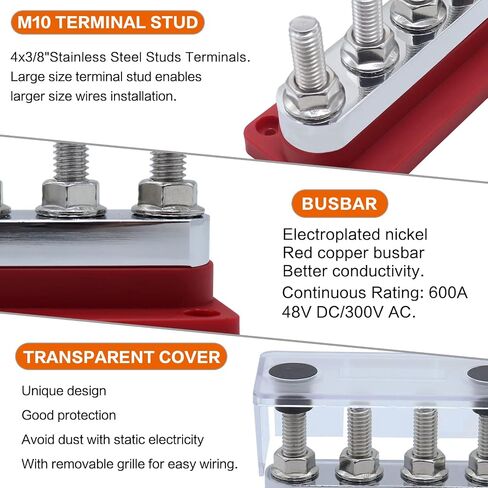 2 pcs 600A High Current Bus Bar with 4 Studs (3/8 inch) M10 Nickel Plated Copper Distribution Block Ideal for Electrical Battery Ground Buss Bar Connections with Cover 300 V AC/12-48 V DC in Kuwait