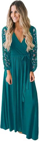 Kranda Womens Vintage Floral Lace Long Sleeve Faux Wrap V Neck Party Long Maxi Dress in Kuwait