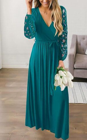 Kranda Womens Vintage Floral Lace Long Sleeve Faux Wrap V Neck Party Long Maxi Dress in Kuwait
