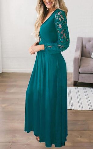 Kranda Womens Vintage Floral Lace Long Sleeve Faux Wrap V Neck Party Long Maxi Dress in Kuwait