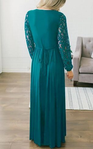 Kranda Womens Vintage Floral Lace Long Sleeve Faux Wrap V Neck Party Long Maxi Dress in Kuwait