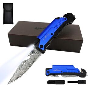 ALBATROSS 6-in-1 Modern Damascus Steel Folding Pocket Knives with LED Light,Seatbelt Cutter,Glass Breaker,Magnesium Fire Starter,Bottle Opener;Multi-Function Emergency Tool(Blue-3)