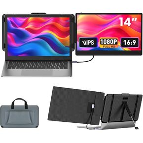 Laptop Screen Extender 14-inch, 1080P FHD Portable Monitor, Type-C/HDMI/USB-A Plug & Play, Laptop Monitor Extender fits Laptops with Screen up to 15.35" Wide, Compatible with Windows, Mac, Chrome