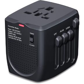 International Travel Adapter Voltage Converter Steps Down 220V to 110V for Cell Phones, Laptops, and Curling Irons, US to UK, Europe, Australia, and More Than 200 Countries