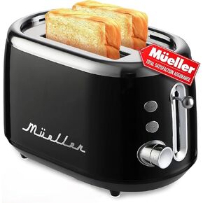 Mueller Retro Toaster 2 Slice with 7 Browning Levels and 3 Functions: Reheat, Defrost & Cancel, Stainless Steel Features, Removable Crumb Tray, Under Base Cord Storage, Black