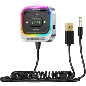 Syncwire Bluetooth 5.4 Aux Car Adapter [Large Mic&Noise Cancellation] Bluetooth 3.5mm Receiver for Car with Coiled Cable [Light Switch][Hands-Free Call] [HiFi Deep Bass] Plug-and-Play for Stereo Audio