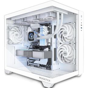MUSETEX ATX PC Case, 360MM RAD Support, 3 x 120mm Fans Pre-Installed, 270° Full View Tempered Glass Gaming PC Case with Type-C, Mid Tower ATX Computer Case, White, Y6