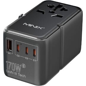 MINIX 170W Universal Travel Adapter GaN III Travel Adapter Worldwide with 3 USB-C & 1 USB-A Ports, International Power Adapter Compatible with US/UK/EU/AU for Laptops, Tablets, Phones, Cameras