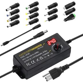 Adjustable Universal Power Supply 3V ~ 24V 3A 72W,100V-240V Switching AC/DC Adapter Converter with 5.5x2.1mm &14 Tips,9V 12V 15V 18V 20V 24V Variable Power Supply for LED Strip Light Printer Speaker