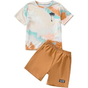 Boy's 2 Piece Summer Outfits Tie Dye Graphic Tee Shirts and Elastic Waist Bermuda Shorts Set